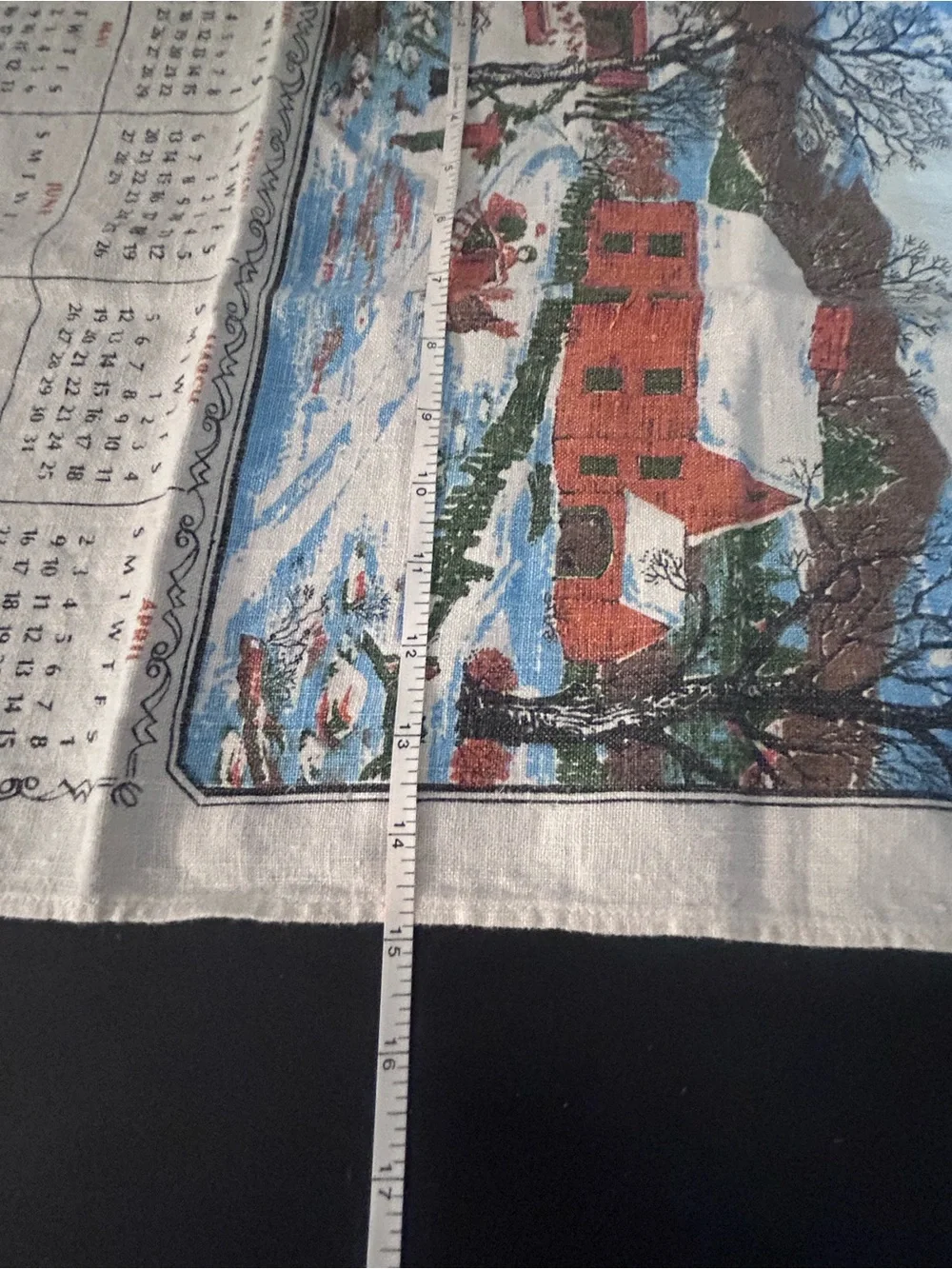 Vintage 1972 Winter Calendar Tea Towel - Cream with Red and Blue